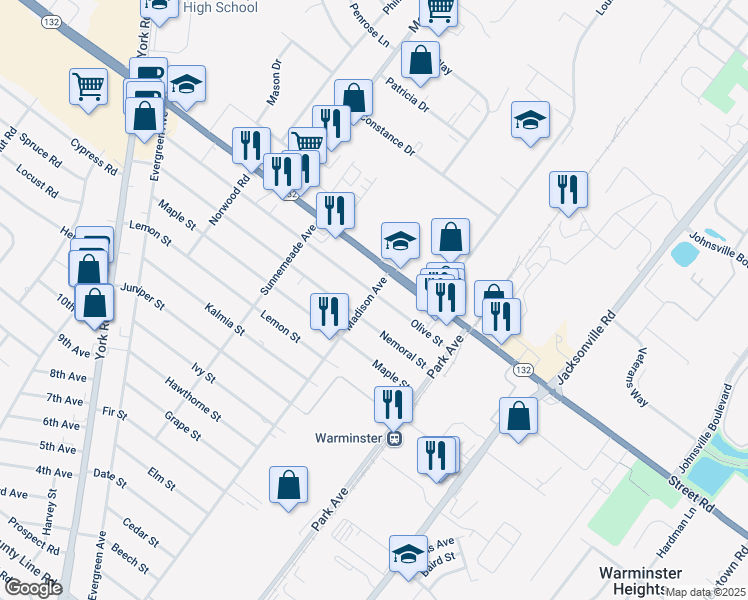 map of restaurants, bars, coffee shops, grocery stores, and more near 549 Madison Avenue in Warminster