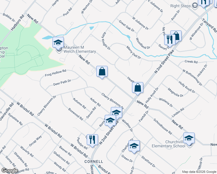 map of restaurants, bars, coffee shops, grocery stores, and more near 550 New Road in Churchville