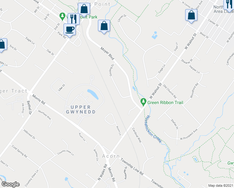 map of restaurants, bars, coffee shops, grocery stores, and more near 328 Gosling Drive in North Wales