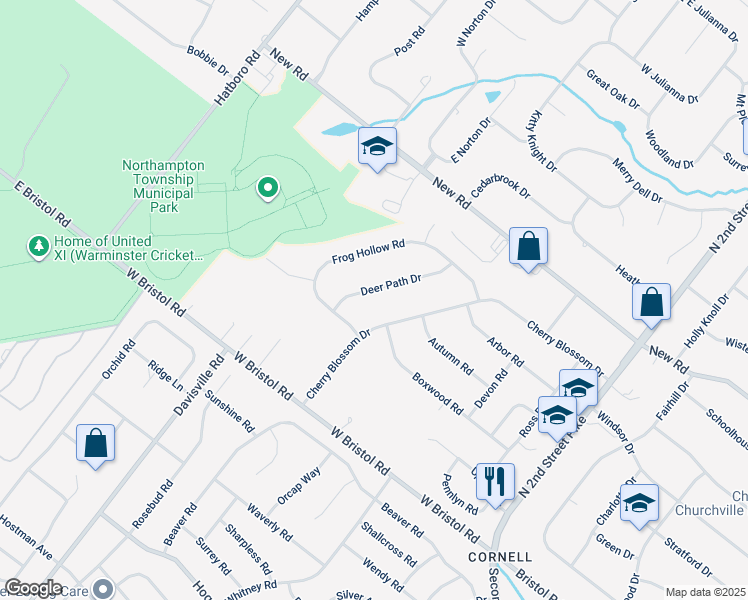 map of restaurants, bars, coffee shops, grocery stores, and more near 48 Deerpath Road in Churchville