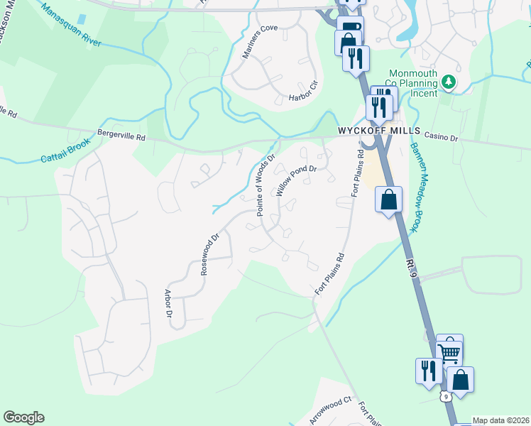 map of restaurants, bars, coffee shops, grocery stores, and more near 455 Magnolia Court in Howell Township