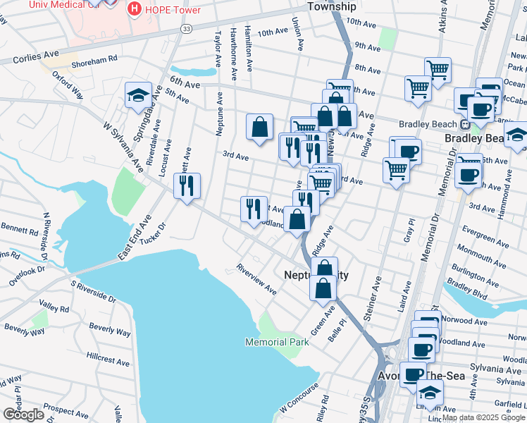 map of restaurants, bars, coffee shops, grocery stores, and more near 63 Union Avenue in Neptune City