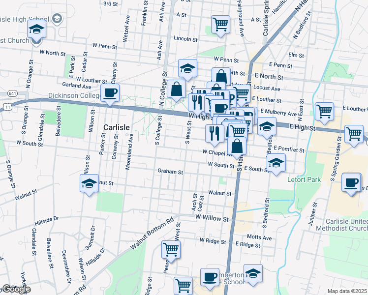 map of restaurants, bars, coffee shops, grocery stores, and more near 112 South West Street in Carlisle