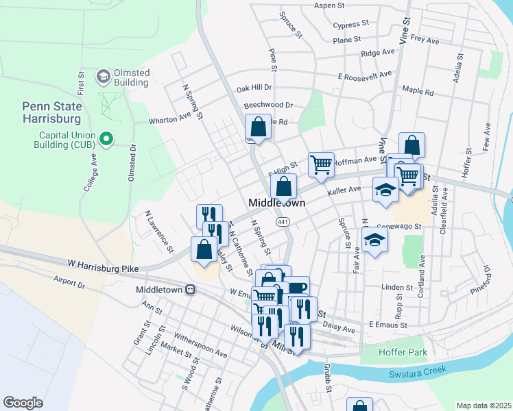 map of restaurants, bars, coffee shops, grocery stores, and more near 3 West Main Street in Middletown