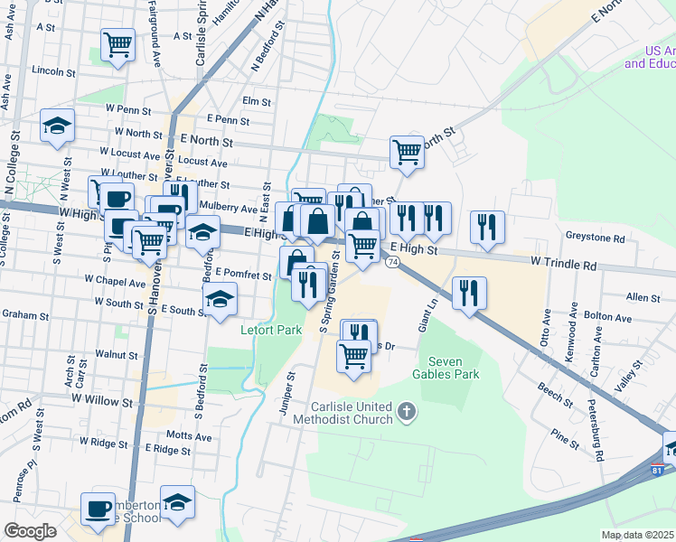map of restaurants, bars, coffee shops, grocery stores, and more near 31 South Spring Garden Street in Carlisle