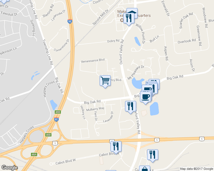 map of restaurants, bars, coffee shops, grocery stores, and more near 169 Haines Way in Yardley