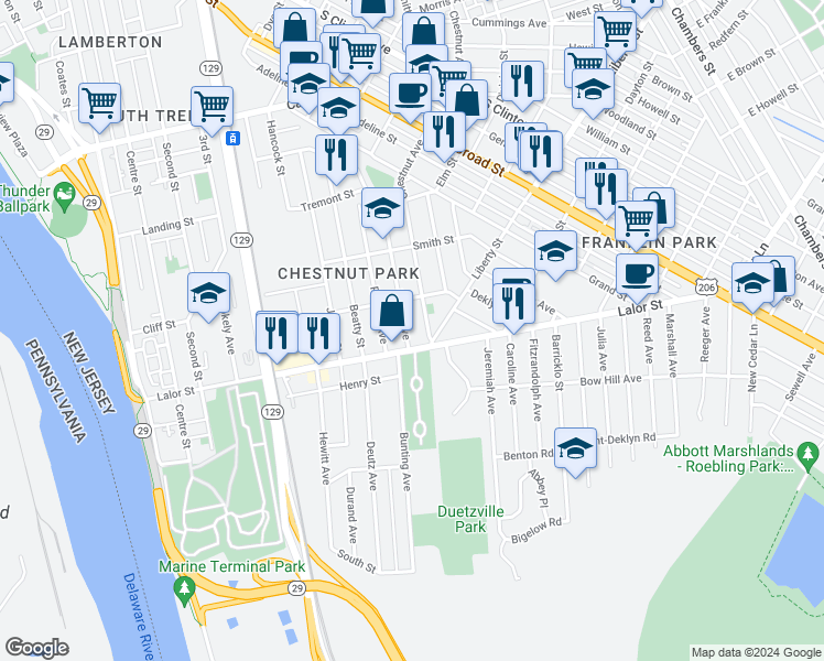 map of restaurants, bars, coffee shops, grocery stores, and more near 544 Home Avenue in Trenton