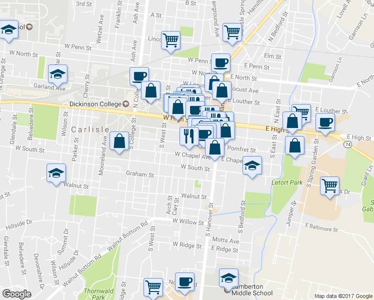 map of restaurants, bars, coffee shops, grocery stores, and more near 116 South Pitt Street in Carlisle