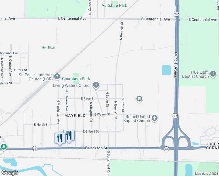 map of restaurants, bars, coffee shops, grocery stores, and more near 715 North Bennett Street in Muncie