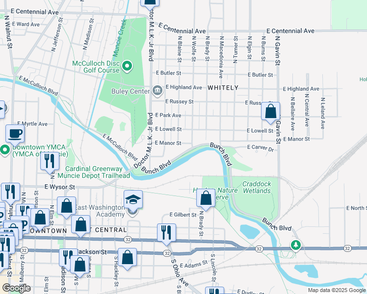 map of restaurants, bars, coffee shops, grocery stores, and more near 1414 East Manor Street in Muncie