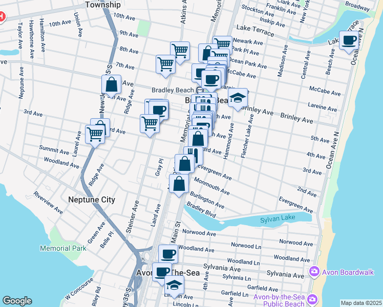 map of restaurants, bars, coffee shops, grocery stores, and more near 125 Main Street in Bradley Beach