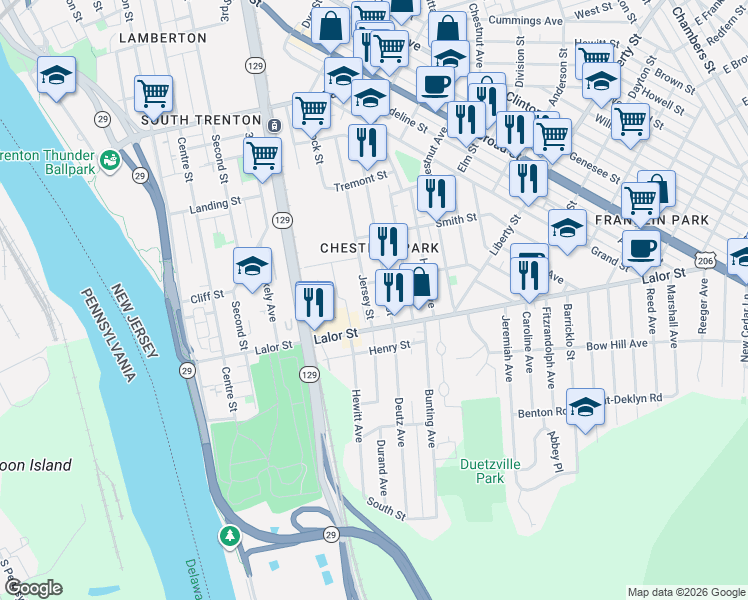 map of restaurants, bars, coffee shops, grocery stores, and more near 915 Beatty Street in Trenton