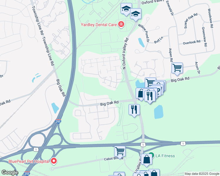 map of restaurants, bars, coffee shops, grocery stores, and more near 169 Haines Way in Yardley