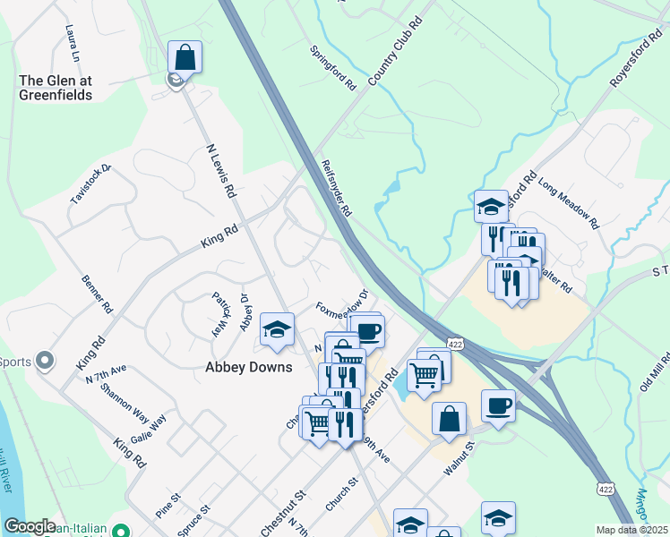 map of restaurants, bars, coffee shops, grocery stores, and more near 1104 Foxmeadow Drive in Royersford