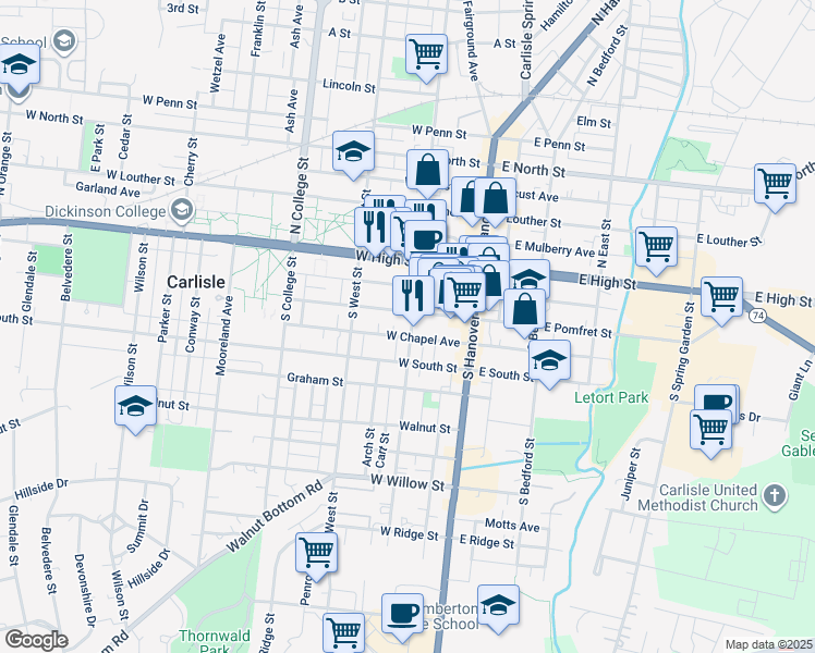 map of restaurants, bars, coffee shops, grocery stores, and more near 116 South Pitt Street in Carlisle