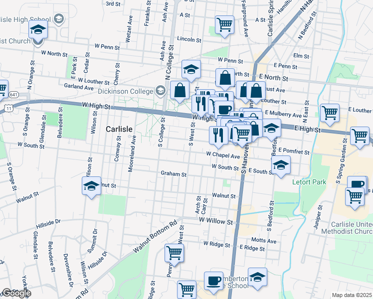 map of restaurants, bars, coffee shops, grocery stores, and more near 112 South West Street in Carlisle
