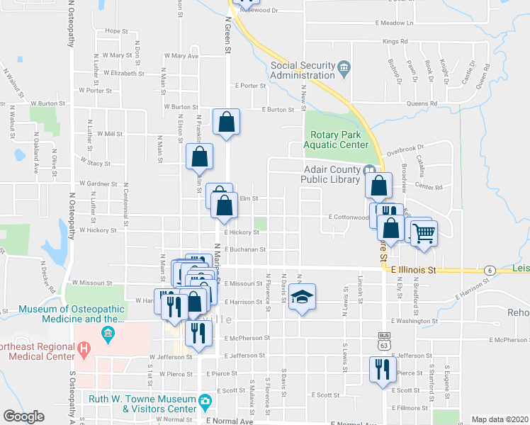 map of restaurants, bars, coffee shops, grocery stores, and more near 709 North Davis Street in Kirksville