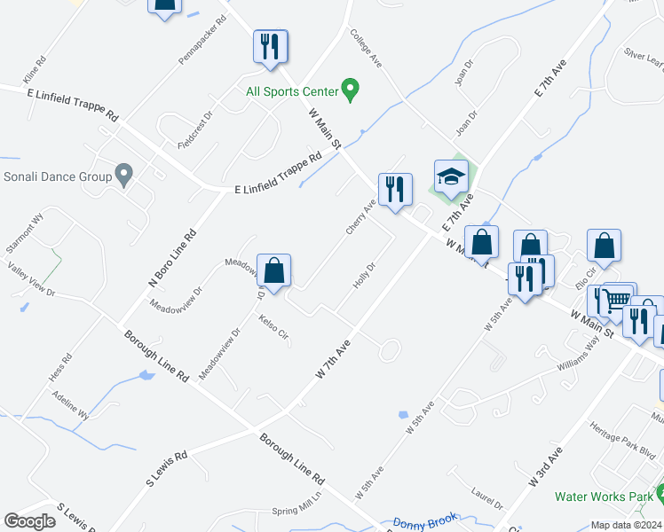 map of restaurants, bars, coffee shops, grocery stores, and more near 88 Cherry Avenue in Collegeville