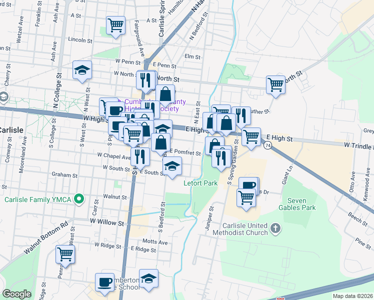 map of restaurants, bars, coffee shops, grocery stores, and more near 153 East Pomfret Street in Carlisle