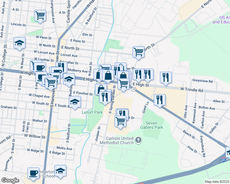 map of restaurants, bars, coffee shops, grocery stores, and more near 31 South Spring Garden Street in Carlisle