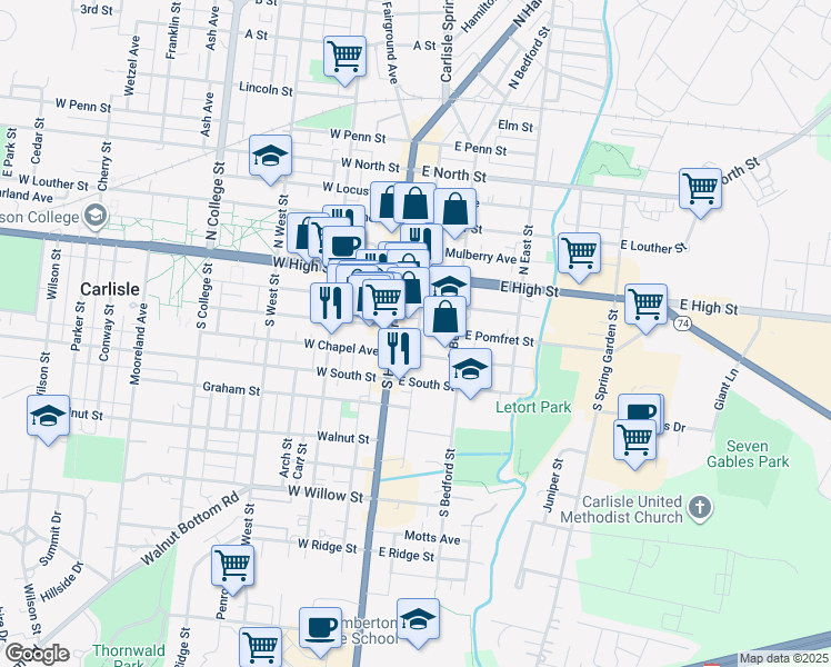 map of restaurants, bars, coffee shops, grocery stores, and more near 28 East Pomfret Street in Carlisle