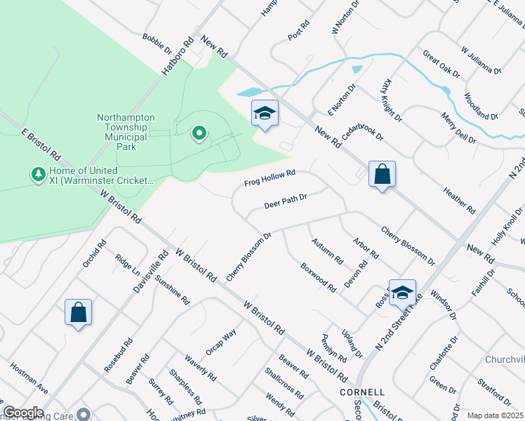 map of restaurants, bars, coffee shops, grocery stores, and more near 48 Deerpath Road in Churchville