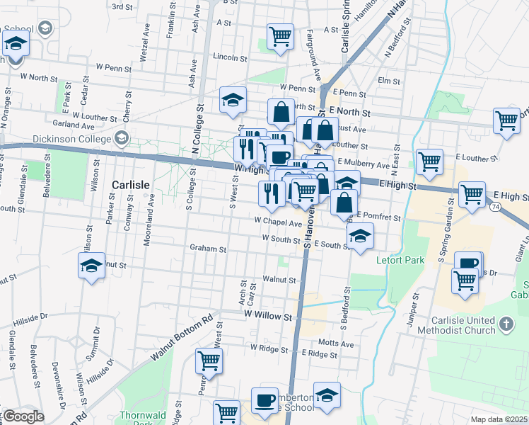 map of restaurants, bars, coffee shops, grocery stores, and more near 76 West Pomfret Street in Carlisle
