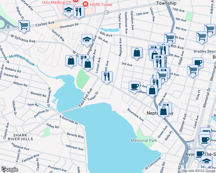 map of restaurants, bars, coffee shops, grocery stores, and more near 165 West Sylvania Avenue in Neptune City