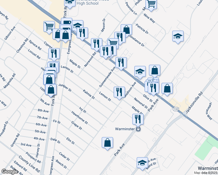 map of restaurants, bars, coffee shops, grocery stores, and more near 371 Maple Street in Warminster