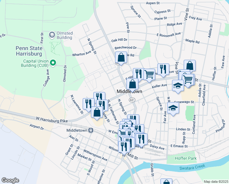 map of restaurants, bars, coffee shops, grocery stores, and more near 447 North Spring Street in Middletown