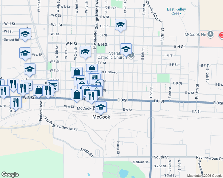 map of restaurants, bars, coffee shops, grocery stores, and more near 307 East 2nd Street in McCook