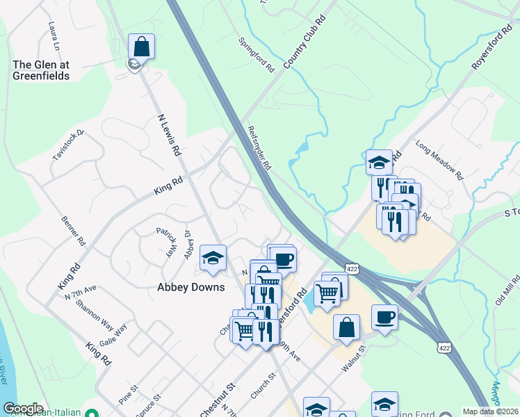 map of restaurants, bars, coffee shops, grocery stores, and more near 1104 Foxmeadow Drive in Royersford