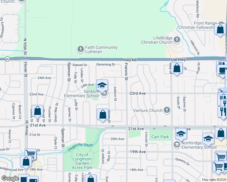 map of restaurants, bars, coffee shops, grocery stores, and more near 2309 Judson Street in Longmont