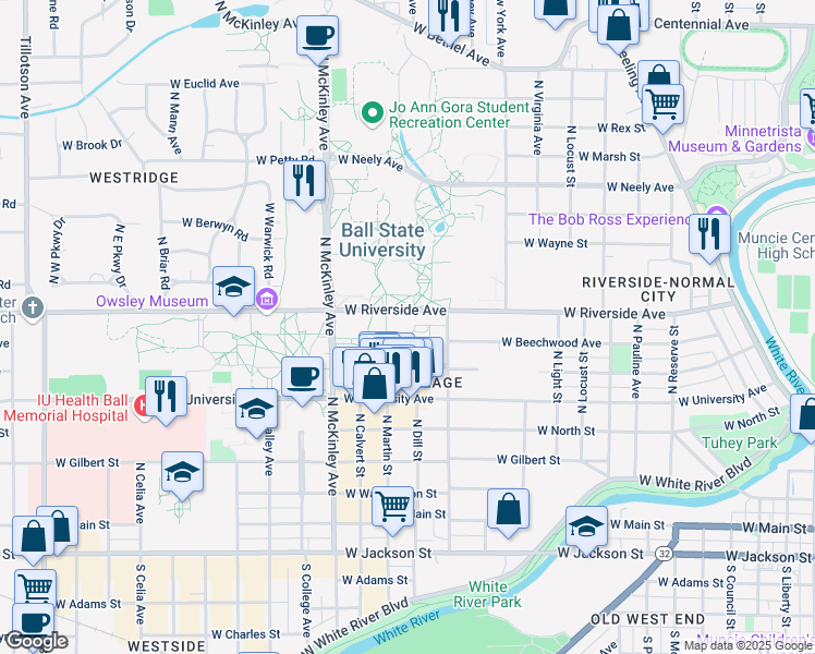 map of restaurants, bars, coffee shops, grocery stores, and more near 1617 W Riverside Ave in Muncie