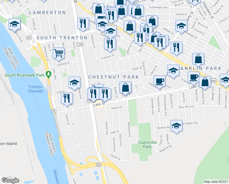 map of restaurants, bars, coffee shops, grocery stores, and more near 923 Beatty Street in Trenton