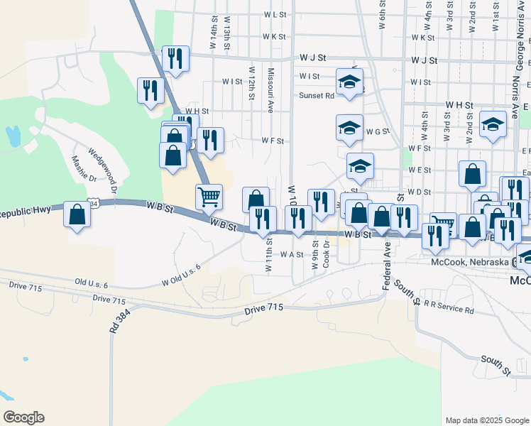 map of restaurants, bars, coffee shops, grocery stores, and more near 212 11th Street West in McCook