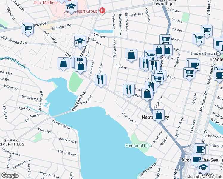 map of restaurants, bars, coffee shops, grocery stores, and more near 55 Hawthorne Avenue in Neptune City