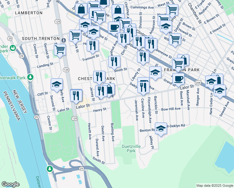 map of restaurants, bars, coffee shops, grocery stores, and more near 1926 Chestnut Avenue in Trenton