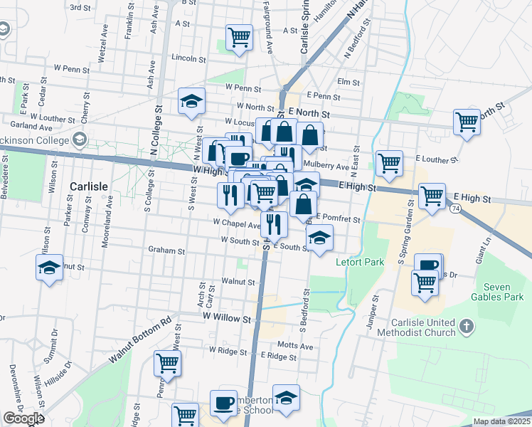 map of restaurants, bars, coffee shops, grocery stores, and more near 21 West Pomfret Street in Carlisle