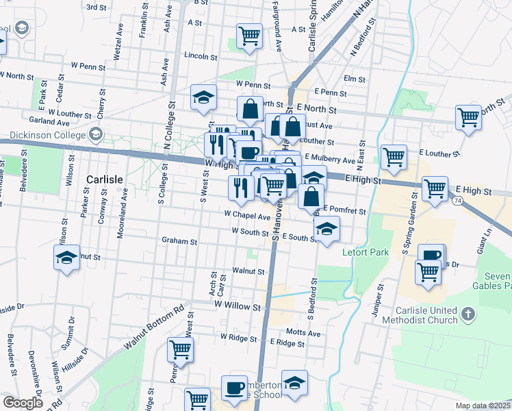 map of restaurants, bars, coffee shops, grocery stores, and more near 76 West Pomfret Street in Carlisle