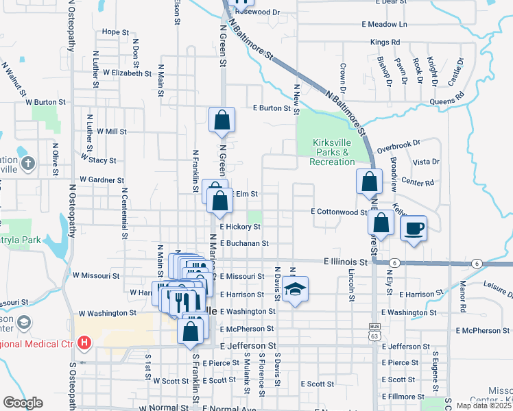 map of restaurants, bars, coffee shops, grocery stores, and more near 701-799 North Mulanix Street in Kirksville