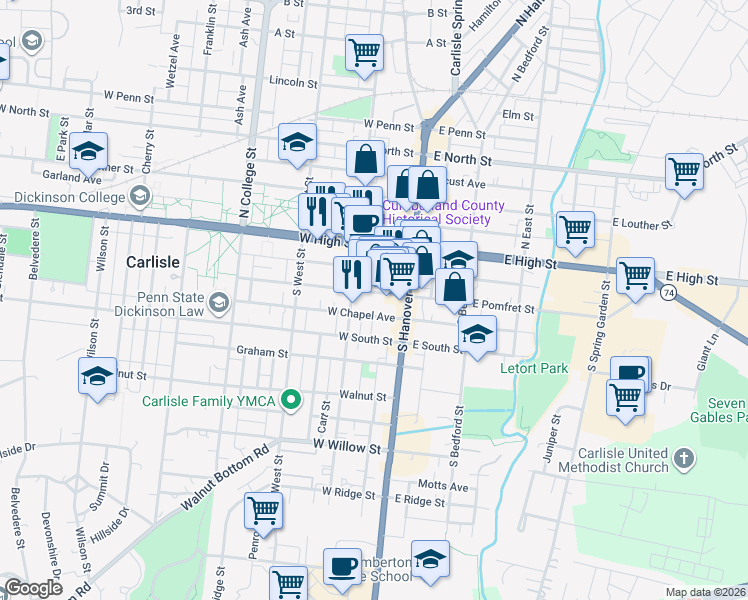 map of restaurants, bars, coffee shops, grocery stores, and more near 76 West Pomfret Street in Carlisle