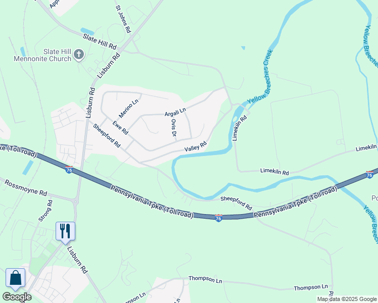 map of restaurants, bars, coffee shops, grocery stores, and more near 1636 Valley Road in Mechanicsburg