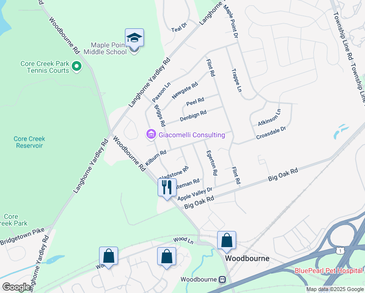 map of restaurants, bars, coffee shops, grocery stores, and more near 377 Kilburn Road in Langhorne