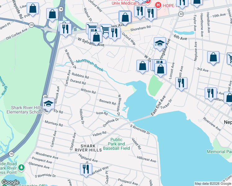 map of restaurants, bars, coffee shops, grocery stores, and more near 211N North Riverside Drive in Neptune City