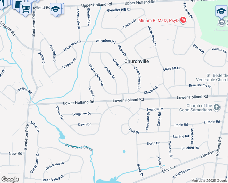map of restaurants, bars, coffee shops, grocery stores, and more near 3 Andrea Drive in Richboro