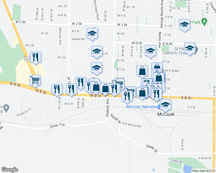 map of restaurants, bars, coffee shops, grocery stores, and more near 302 West 5th Street in McCook