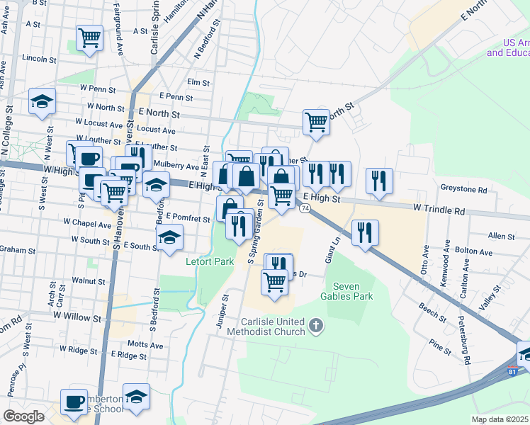 map of restaurants, bars, coffee shops, grocery stores, and more near 25 South Spring Garden Street in Carlisle
