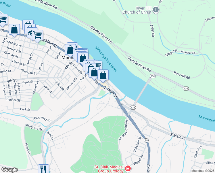 map of restaurants, bars, coffee shops, grocery stores, and more near 131 East Main Street in Monongahela
