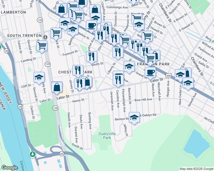 map of restaurants, bars, coffee shops, grocery stores, and more near 21 Dresden Avenue in Trenton